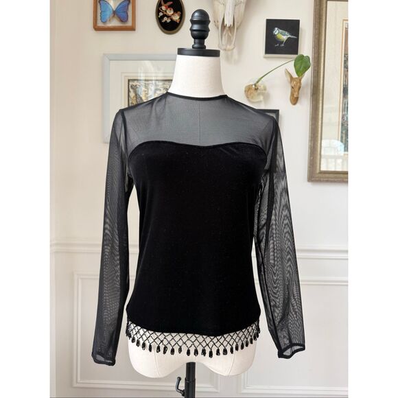 Xscape Tops - Xscape Illusion Neck Long Sleeve Black Velvet Top Beaded Fringe M
